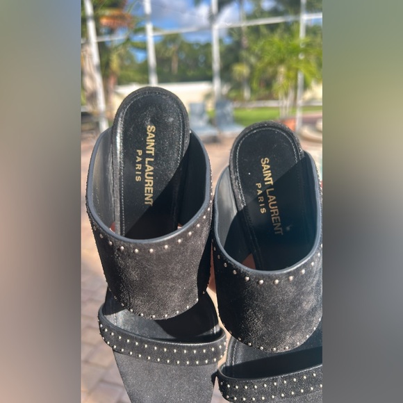 Saint Laurent Black Ladies Oak Mule Suede Studded Sandal Shoe Sz 37.5 NWOT NEW - Picture 14 of 16